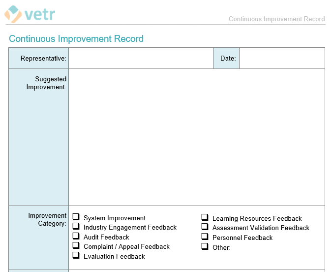 Continuous Improvement Record