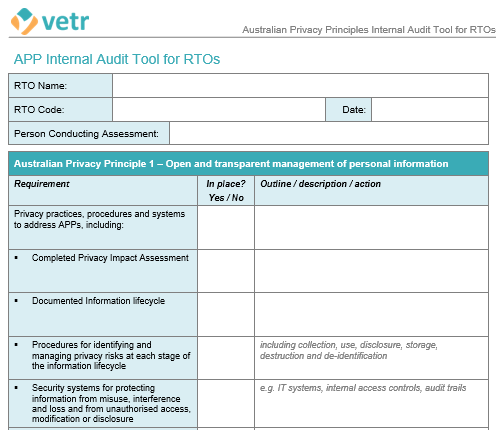 Australian Privacy Principles Internal Audit Tool for RTOs